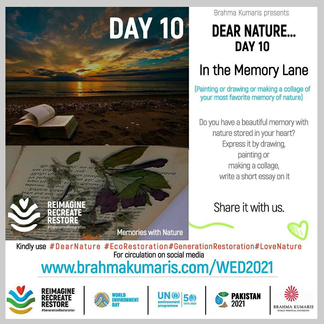 EcoBrahmaKumari's tweet photo. Day10, 10June, 4:30-5:30pm IST, DEAR #NATURE Event: In the Memory Lane
Bonding with nature. In support of the @UN decade of Ecological restoration.
Zoom Link: https://t.co/oJH5mhpeee
https://t.co/zOkDwliN34
#DearNature #EcoRestoration #GenerationRestoration #LoveNature https://t.co/9n4DIFn3fr
