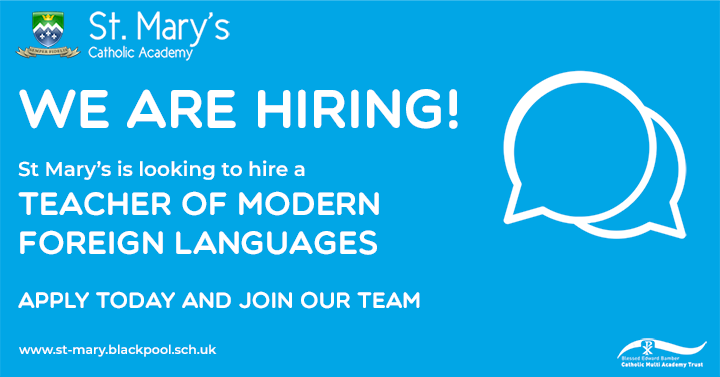 Head_stmarys's tweet photo. We are hiring! St Mary's is looking for an MFL teacher to join our high performing MFL department. Come and join our team! https://t.co/XHiMpnJwSA https://t.co/RQQizDGLbU