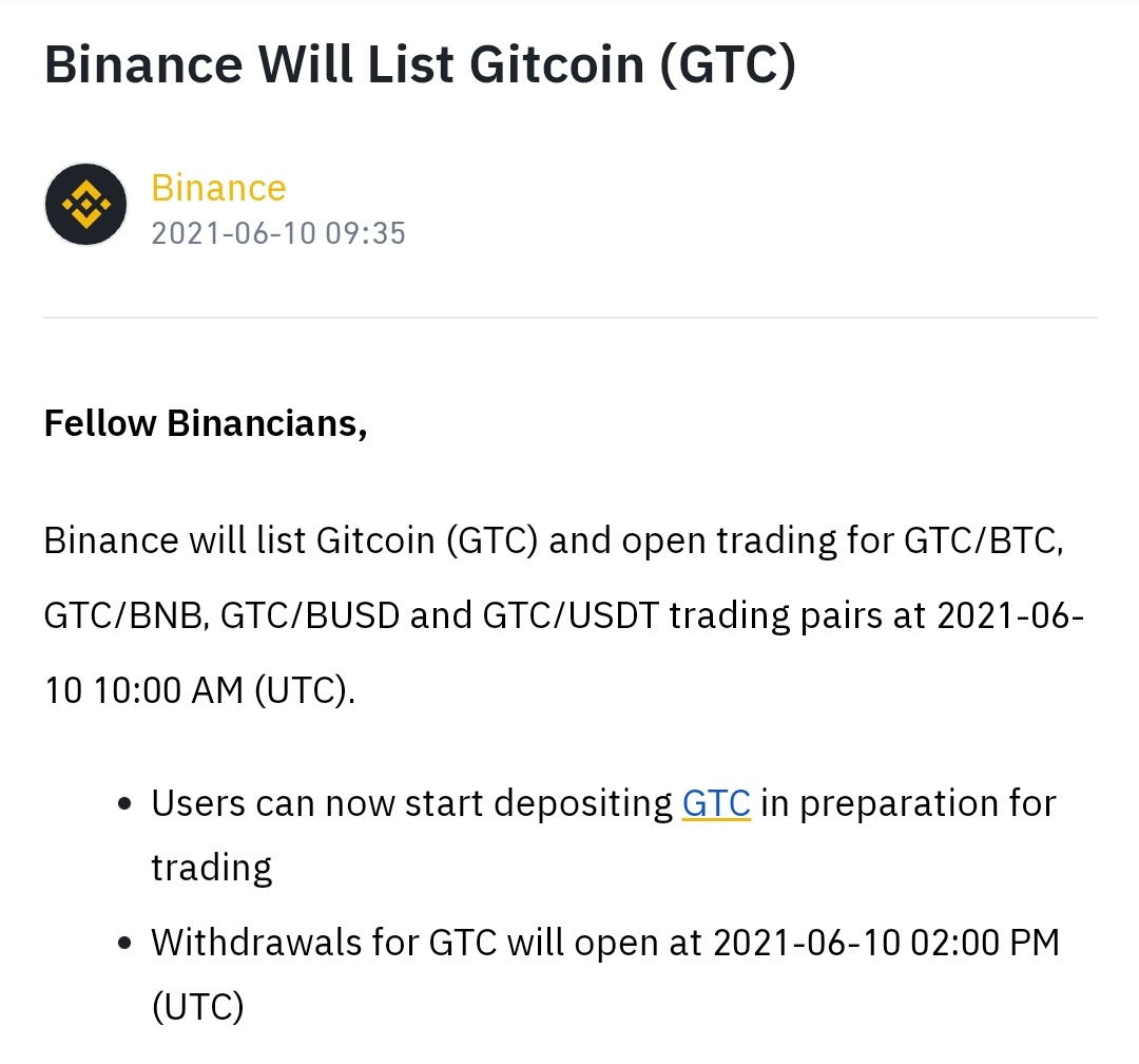 🌠#Binance; bugün saat 13.00'de Gitcoin (#GTC)'yi listeliyor. #Gitcoin şuan Gate borsasında listeli. Ayrıca Gitcoin bugün #Coinbase borsasında da listelenecek. $gtc
🔹Binance %20 indirimli kayıt linki; binance.com/en/register?re…
🔹Gate Borsası Kayıt link; gate.io/signup/1718140