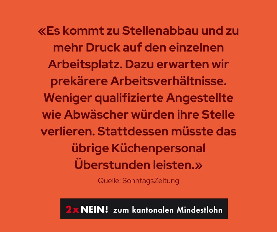 ⚠ Auch Arbeitnehmerorganisationen sind kritisch! Bereits bei der Abstimmung über die nationale Mindestlohninitiative 2014 warnte z.B. der Personalverband Hotel &amp; Gastro Union vor der Einführung eines staatlichen Mindestlohnes. #mindestlohnnein #neinmindestlohn