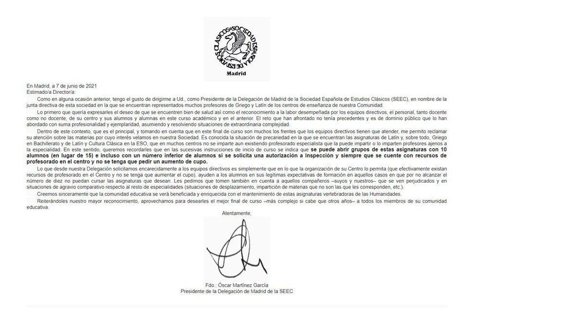 Carta de <a href="/seecmadrid/">seecmadrid</a> a los Directores de Secundaria sobre Latín, Griego y Cultura Clásica.