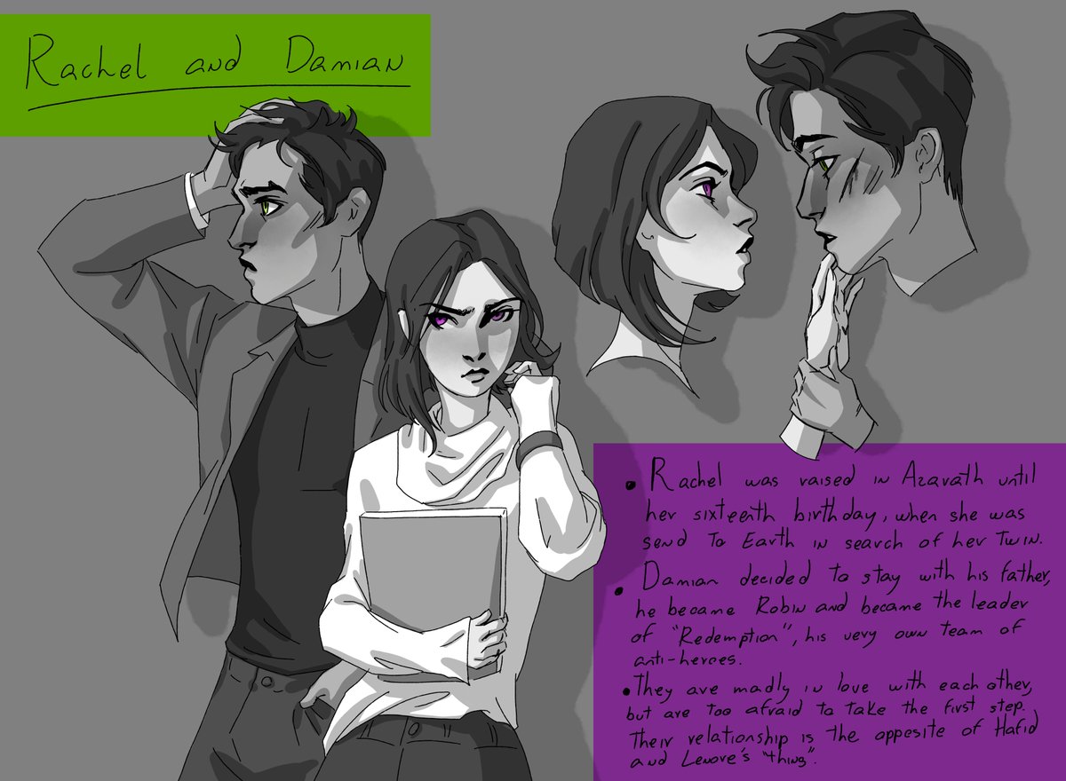 More of the Twins AU! This time with a little introduction to the Couples: Damian Wayne and Rachel Roth; Lenore Morningstar and Hafid Al'Ghul.

#damianwayne #damirae #rachelroth #raven #robin #hafidalghul #damianalghul #lenore #morningstar #demonbirds #damianxraven