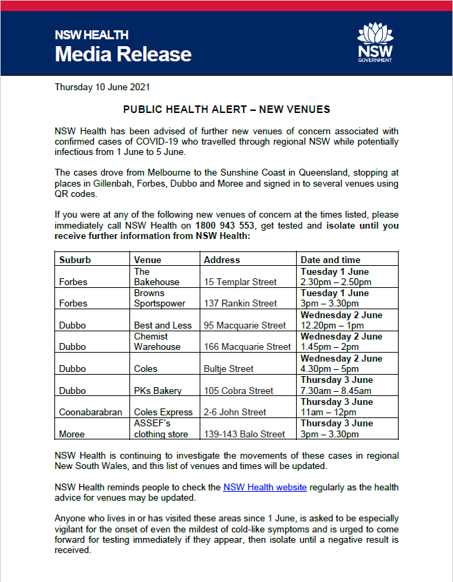 NSWHealth's tweet photo. PUBLIC HEALTH ALERT – NEW VENUES https://t.co/8UBaprK35D
