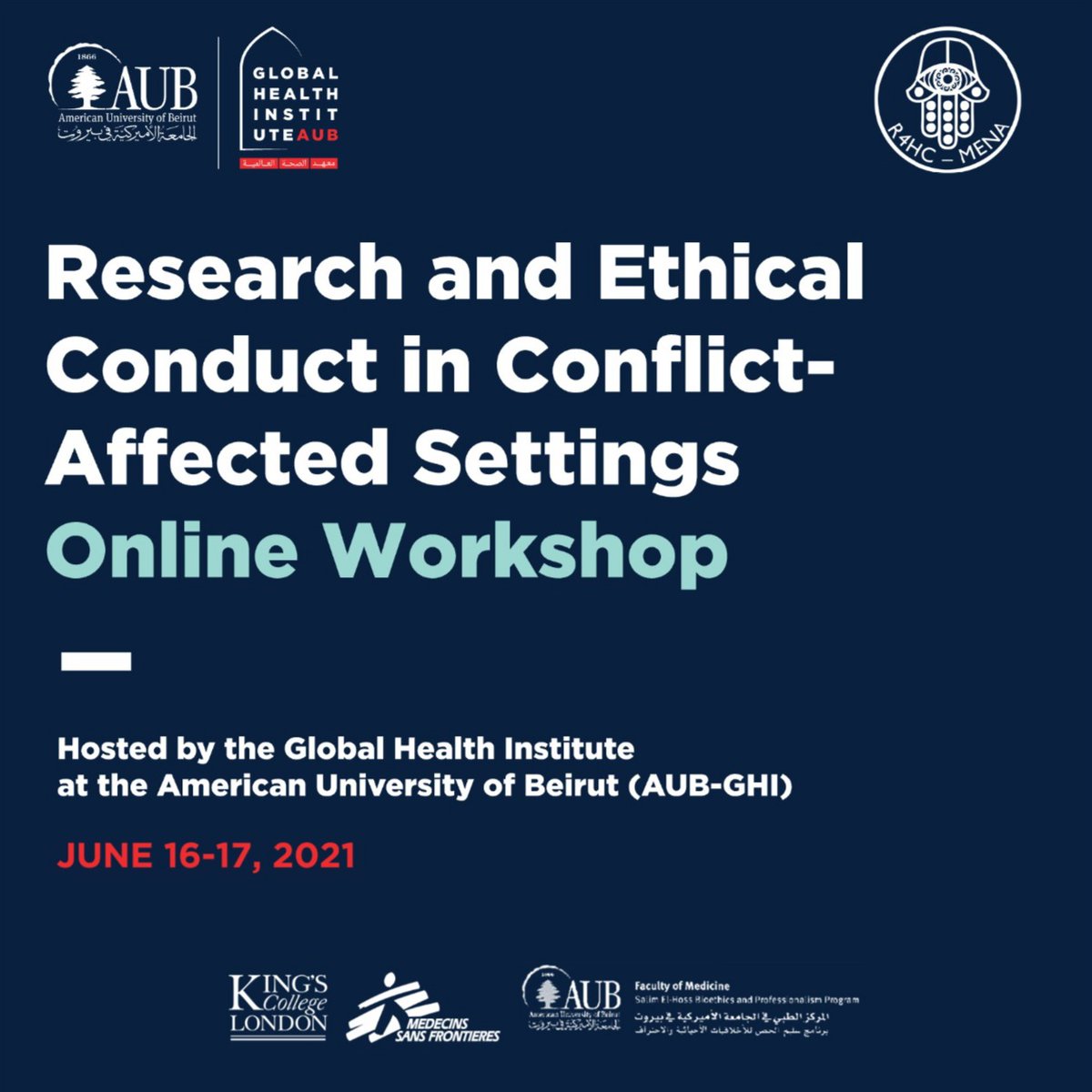 R4HSSS's tweet photo. Interested in engaging in a workshop on research and ethical conduct in conflict-affected settings? learn how to become equipped as frontline workers in conflict-affected settings with skills needed to integrate ethical principles. register for June 16th: https://t.co/3ECkLM1se7 https://t.co/sKggjvGIvD