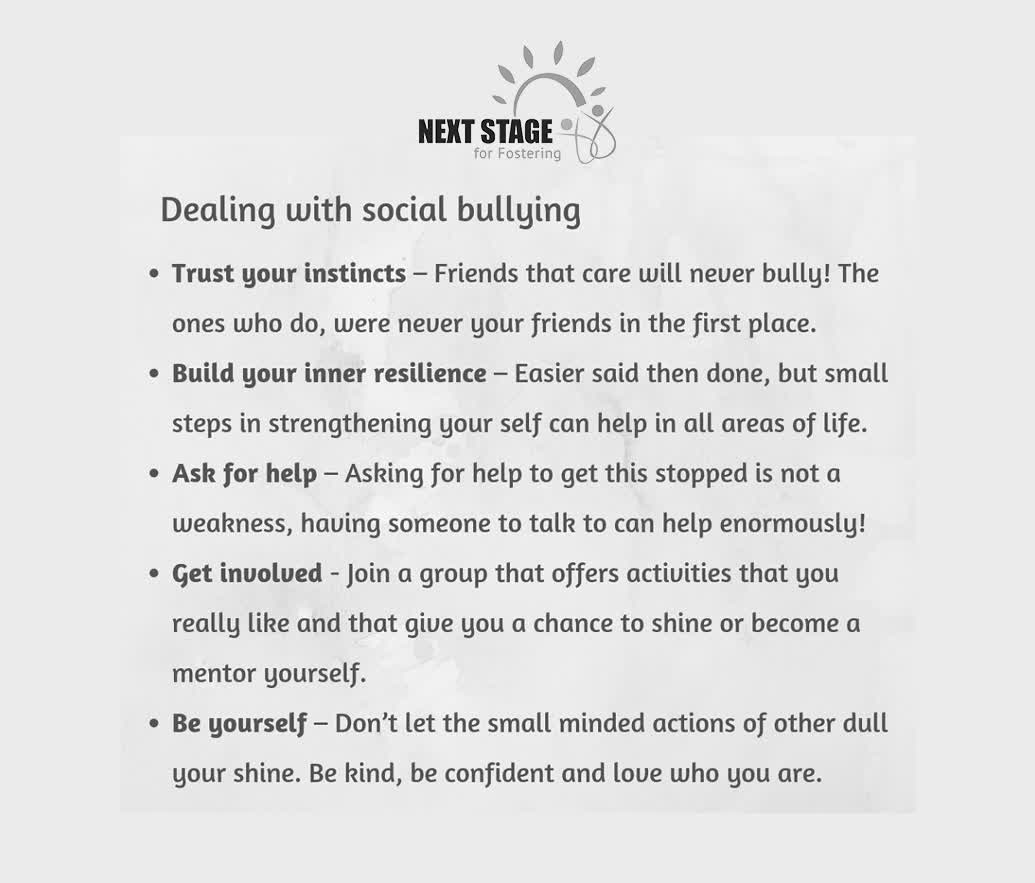 NSfFostering's tweet photo. Social bullying can impact on children and young people's mental health. Please see below some tips from Bullying UK. 
Spot it and stop it by being a good friend and #choosekindness #stopbulling https://t.co/Myes8QThSL