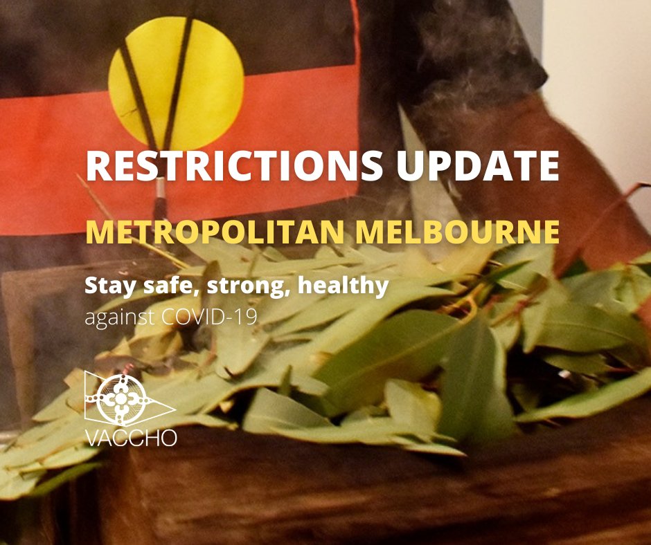 📣Restrictions are set to ease for Metropolitan Melbourne from 11:59pm tonight. 
But we’re not out of the woods yet. 
Full list of up-to-date community COVID safe settingshttps://bit.ly/2TezJ6y
#COVID19Vic #AboriginalHealth #KeepMobSafe