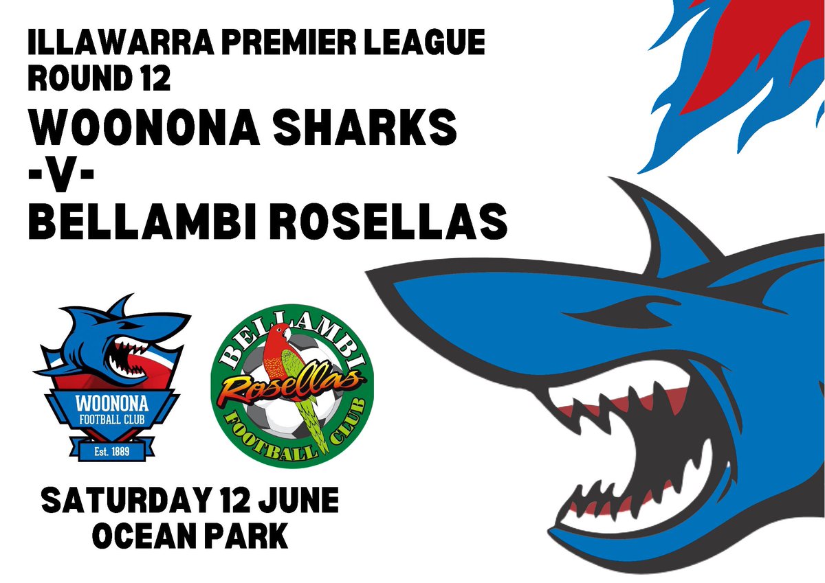 NEXT MATCH DETAILS •
🏆 IPL ROUND 12
📆 SATURDAY 12 JUNE
🆚 Woonona Sharks -v- Bellambi Rosellas 
⏰ YTH 10:30 | 2ND 12:30 | 1ST 14:30
📍 Ocean Park, Woonona 
#GoSharkies 🦈