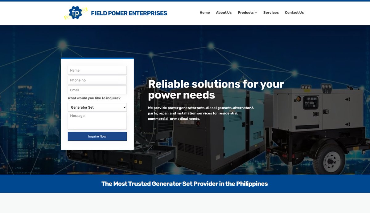 WebMediaPH's tweet image. Sharing @Field Power Enterprises new web design prepped for #search visibility and a leaner and cleaner look and presentation of its #Power #GeneratorSets, #alternators, parts, and #Gen#Set repair and installation services!

Visit to learn more: fieldpowergen.com