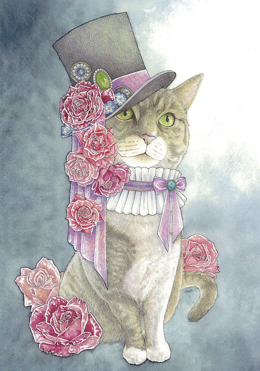 「#6月になったのでフォロワーさんに自己紹介しようぜ

シルクハットと薔薇と猫が大」|ま。(machiko.)@妖精妖怪展・posfes.vol.2のイラスト