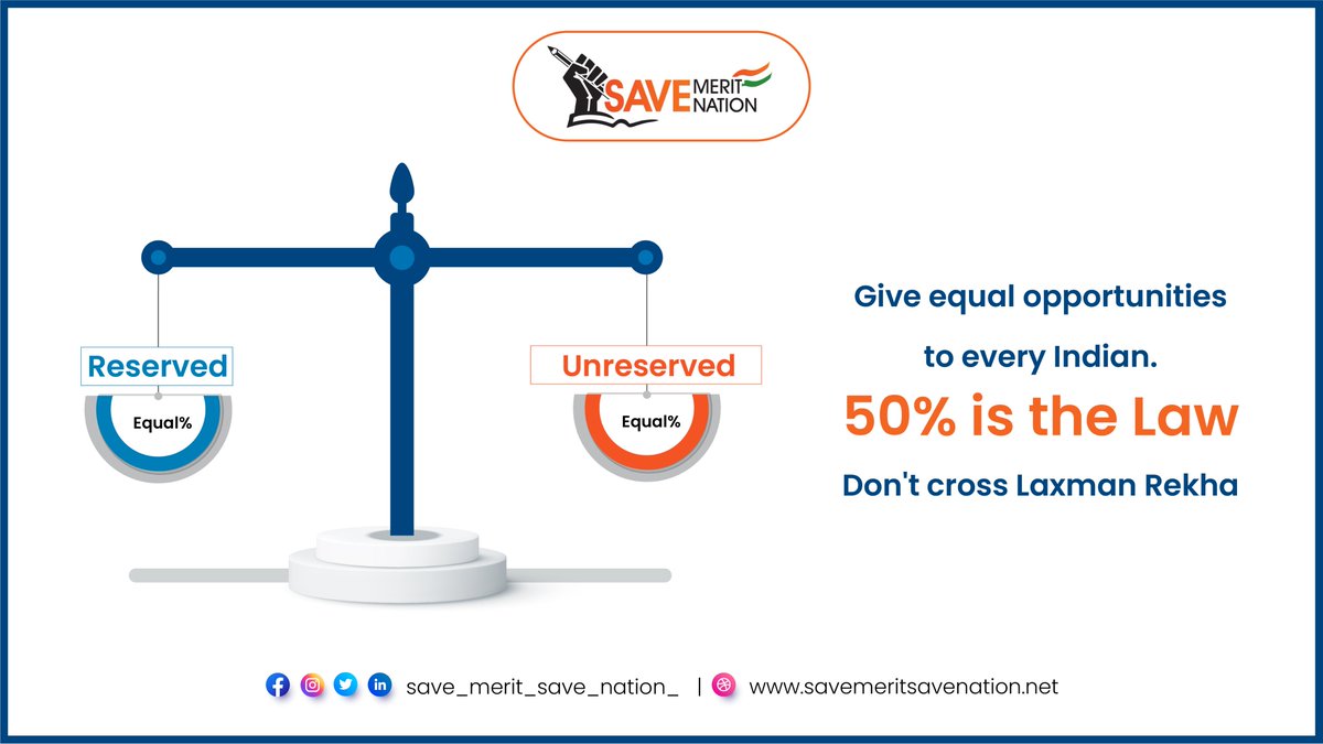 SAVEMERITTRUST's tweet photo. Give equal opportunities
to every Indian.
50% is the Law
Don't cross Laxman Rekha

Follow us:-
@SAVEMERITTRUST

#reservation #merit #save #savemeritsavenation #nation #power #supportus #we #wecandoit #together #joinus
#ournation #government #support #justice #follow #India https://t.co/vN12MEsT0P