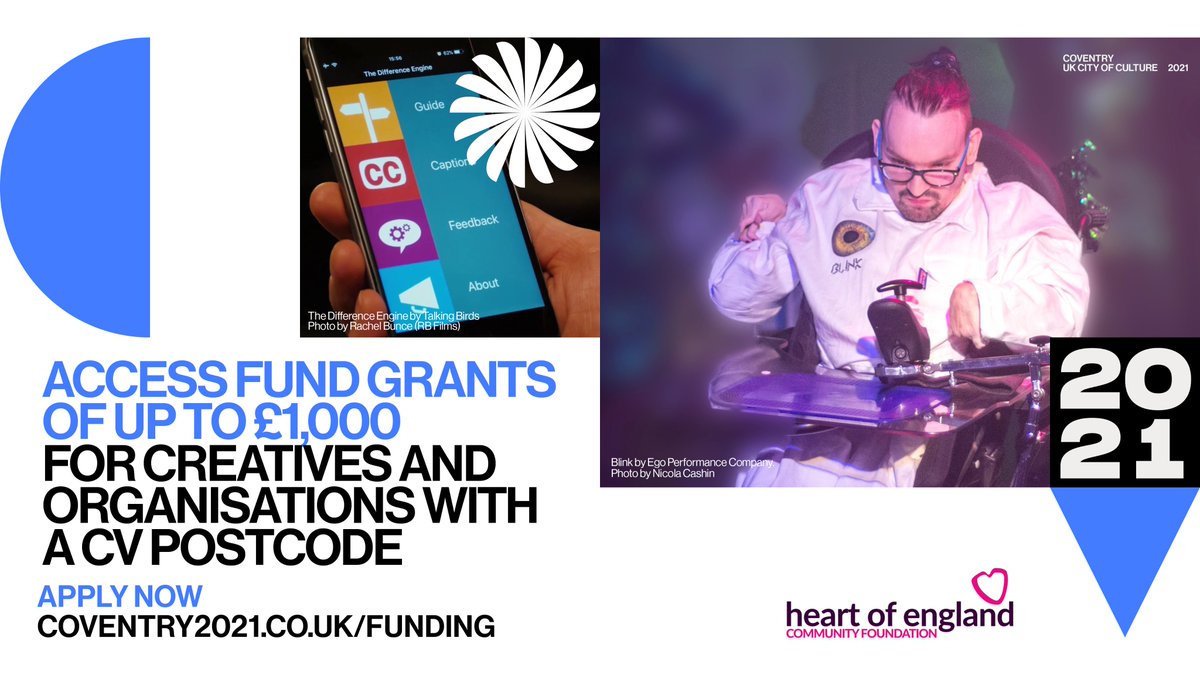 Excited to announce the launch of an additional fund opportunity in partnership with <a href="/Coventry2021/">Coventry UK City of Culture 2021</a> 🥳

Our Access Grants have up to £1,000 available to support arts organisations &amp; individuals in #Coventry to make their activities accessible 👏

Fund info: bit.ly/3tBpNk2