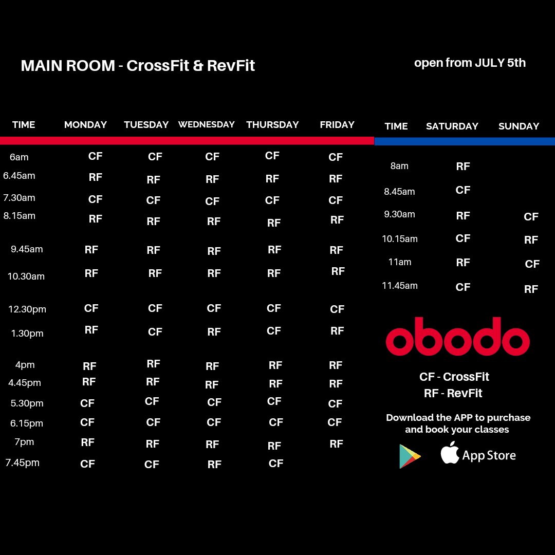 obodocork's tweet photo. CrossFit, Revelate and RevFit will be coming back full filt on July 5th to Obodo 💪🏋️‍♀️ 
Download the app to get your class passes and get ready to get back to your favourite classes 🙌
https://t.co/yw2yinY0BM 

#crossfit #Gym #training #Strength #Conditioning https://t.co/gk1XG1tYQC