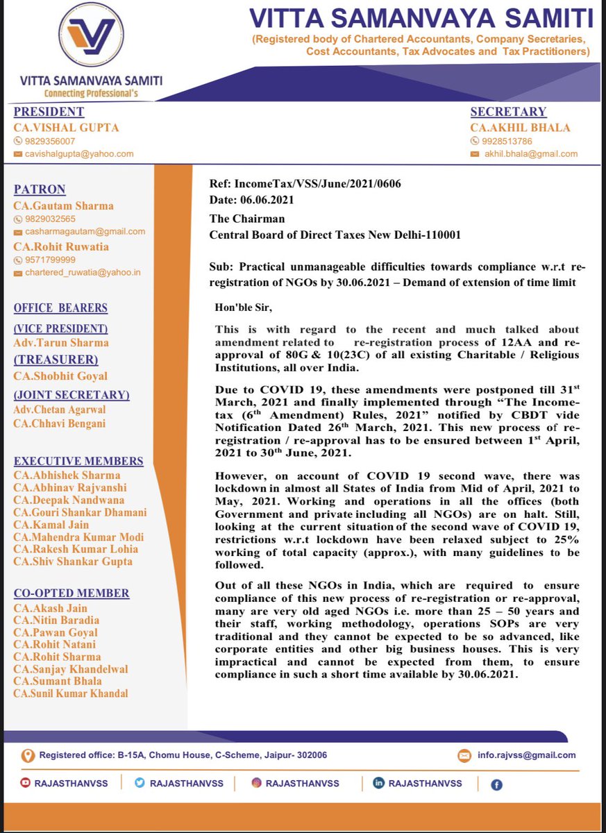 ruwatiaofficial's tweet photo. Practical unmanageable difficulties towards compliance w.r.t re-registration of NGOs by 30.06.2021, re-registration of 12AA, re-approval of 80G &amp; 10(23C) @RAJASTHANVSS demand for extension of time limit. Looking forward to your benign indulgence. @FinMinIndia @IncomeTaxIndia https://t.co/AhbmX223HZ