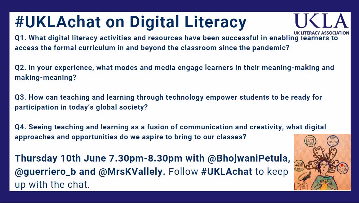 Kat Vallely (@mrskvallely) on Twitter photo 10 mins and counting 🙌🙌🙌The excitement is brewing for the next #UKLAchat on #DigitalLiteracy. To get your creative juices flowing here are the questions that <a href="/guerriero_b/">B (they/them)</a> and I will be sharing. I will be leading you through Q1&2 and <a href="/guerriero_b/">B (they/them)</a> will be taking Q3&4 10 mins and counting 🙌🙌🙌The excitement is brewing for the next #UKLAchat on #DigitalLiteracy. To get your creative juices flowing here are the questions that <a href="/guerriero_b/">B (they/them)</a> and I will be sharing. I will be leading you through Q1&2 and <a href="/guerriero_b/">B (they/them)</a> will be taking Q3&4