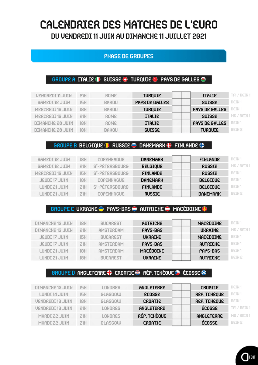 ActuFoot_'s tweet photo. J-1 avant l'#EURO2020, qui commencera par un choc entre la Turquie et l'Italie ! 🔥

On vous met la dernière version de notre calendrier des matches à télécharger et remplir, que vous avez été nombreux à nous (re)demander 👉 https://t.co/xPBVvwyf1a https://t.co/cPUHoMFslb