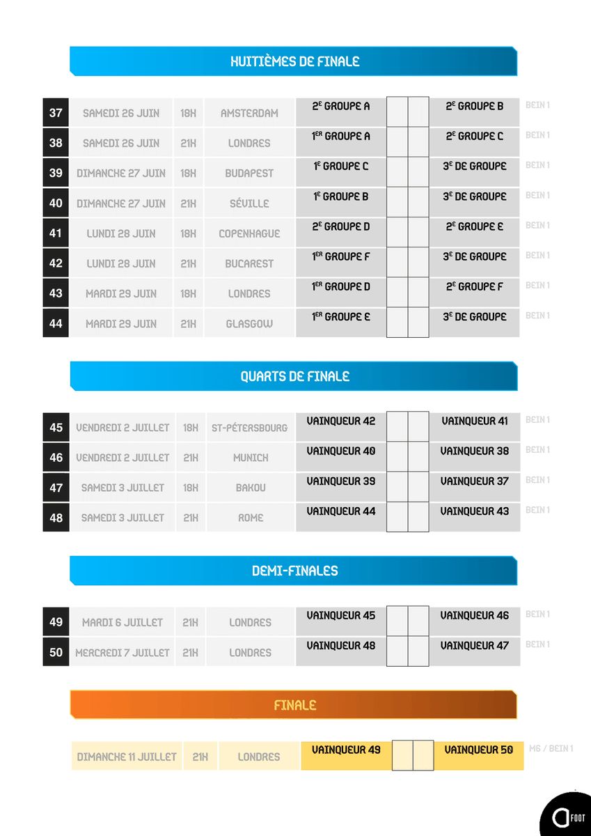 ActuFoot_'s tweet photo. J-1 avant l'#EURO2020, qui commencera par un choc entre la Turquie et l'Italie ! 🔥

On vous met la dernière version de notre calendrier des matches à télécharger et remplir, que vous avez été nombreux à nous (re)demander 👉 https://t.co/xPBVvwyf1a https://t.co/cPUHoMFslb