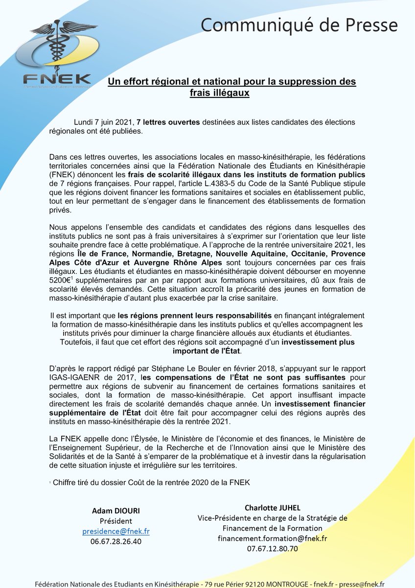 La_FNEK's tweet image. 🔴Un effort régional et national pour la suppression des frais illégaux🔴

Dans 7 régions de France, des frais illégaux sont encore demandés
➡️Nous demandons à l'Etat de faire le nécessaire pour que les @Regionsdefrance  puissent financer intégralement les IFMK publics.
