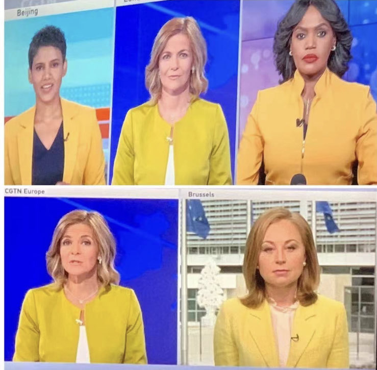charlopar's tweet image. So this is how my show looked when reporters and anchors in Beijing, London, Nairobi and Brussels all woke up thinking: ‘I’m going to be a bit different and wear yellow today.’

(Top line is show introduction and bottom is London anchor throw to live reporter)
#yellowday #news