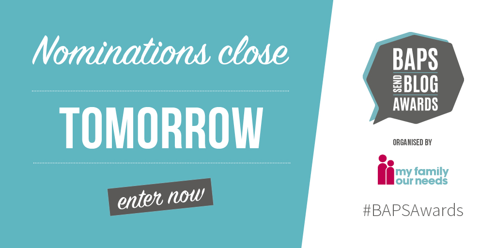 weareMFON's tweet photo. The #BAPSAwards nomination close tomorrow!
That's right, you did read that correctly, they are closing tomorrow 😲 Still not nominated? What are you waiting for? https://t.co/Gd0AreC2Rb
#SENDParents #ParentBloggers #BlogAwards #DisabilityBlogger #LearningDisability https://t.co/XqieSAgvGz