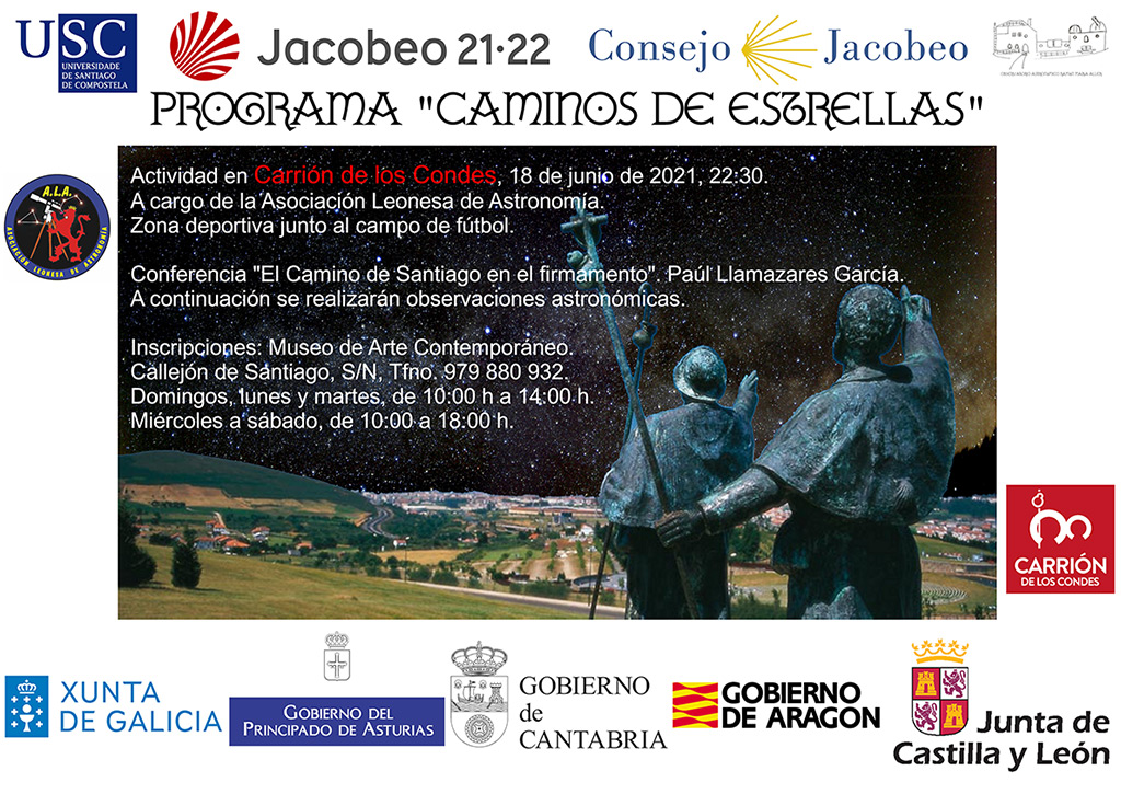 “Caminos de estrellas” es una actividad en Carrión de los Condes que consistirá en una breve conferencia seguida de una observación astronómica a cargo de la Asociación Leonesa de Astronomía. carriondeloscondes.org/caminos-de-est…