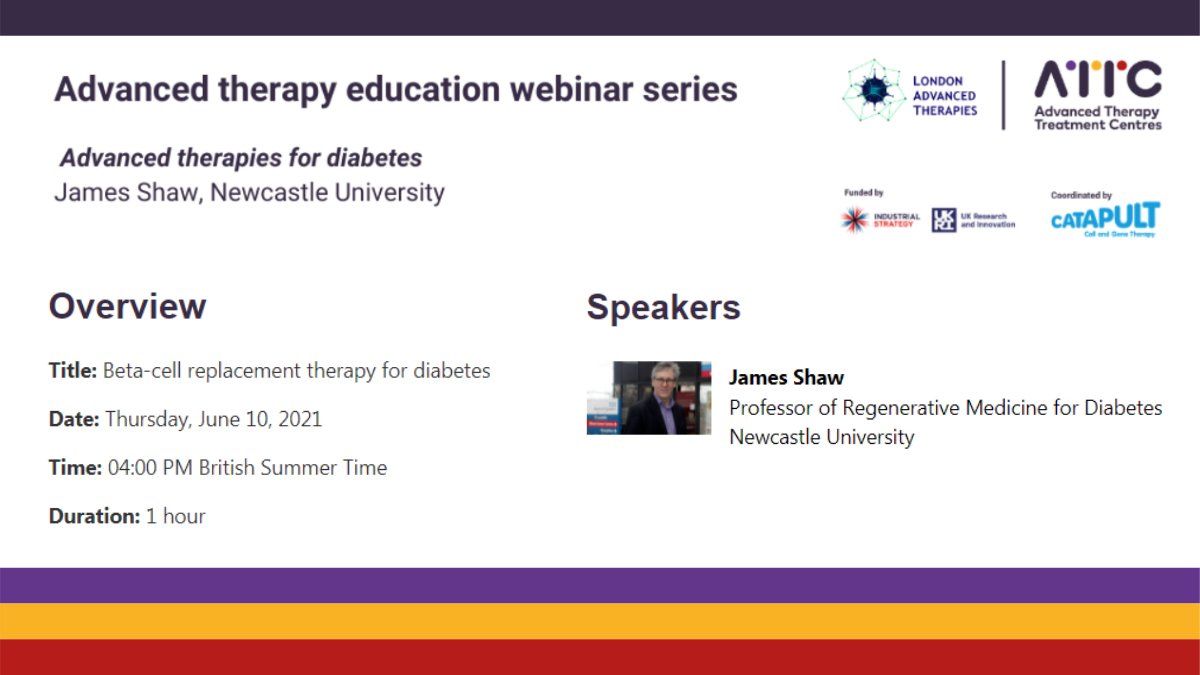 CGTCatapult's tweet photo. Join today's ATMP education webinar for HCPs with James Shaw, Professor of Regenerative Medicine for Diabetes @UniofNewcastle explaining how #ATMPs and beta cell replacement therapy can be used to treat #diabetes 🧬🩺🏥
Register for free! 👉 https://t.co/V6wWaRnojO #ATTCs #LAT https://t.co/yqt0kDhFOY