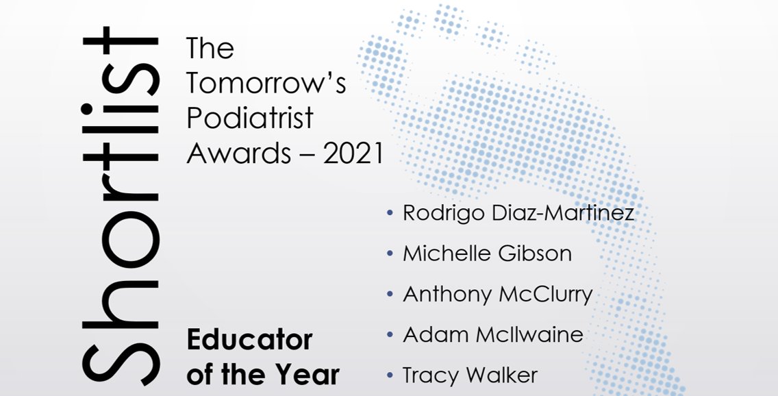 TomorrowsPods's tweet photo. Our fifth category of the 2021 @FlexitolUK Tomorrow's Podiatry Awards; is the Educator of the Year Award.
We will be announcing our final category, the Student of the Year, tomorrow at 2pm.
#TomorrowsPods #NextGenPods #Podlings https://t.co/5HS3V0nfsc
