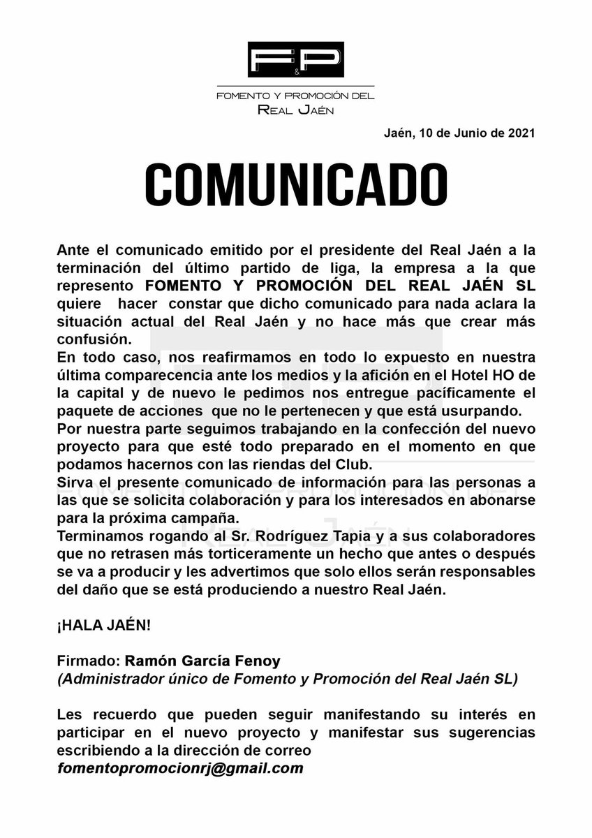 ⚪️ COMUNICADO FOMENTO Y PROMOCIÓN DEL REAL JAÉN