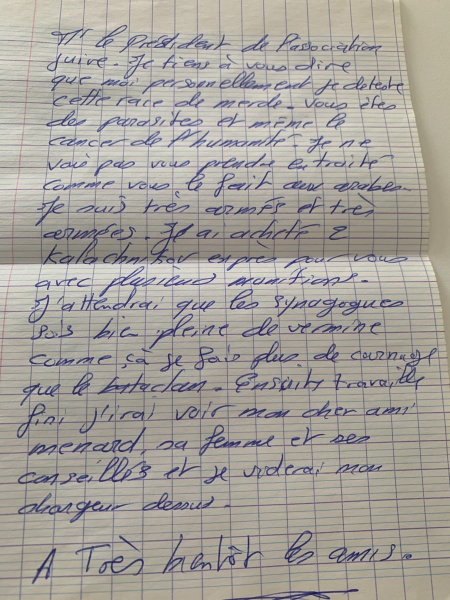 emenard34's tweet photo. Ceci est la lettre de menaces reçue hier matin à la synagogue de #Béziers. Voilà ce qu'il en coûte à des élus de droite d'être toujours aux côtés de la communauté juive face à l'antisémitisme. La communauté juive de Béziers, Robert et moi avons porté plainte. https://t.co/VbzC37uO5b