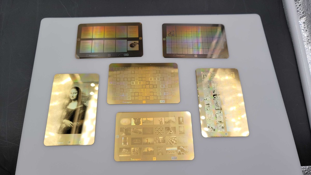 totenpass's tweet photo. 1/3 What if you could preserve society's most precious information directly onto gold once and forever? Only then would our information become truly decentralized existing in the form of light diffractive patterns on an immutable metal rather than bits on mutable drives. https://t.co/pfwrtdNN6t