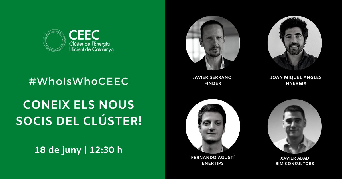 clusterEE's tweet photo. #ActivitatsCEEC | 💥Amplia la teva agenda de contactes al #WhoIsWhoCEEC!

⚡️ Coneix els nous #socisCEEC: @finderspain, @enertips_com, @Nnergix i @BimConsultors!

🗓️ 18 de juny 
⏰ 12:30 h
📍 Online
✍️ https://t.co/Sq5Jvu6qov https://t.co/C9D9fC2P1Z