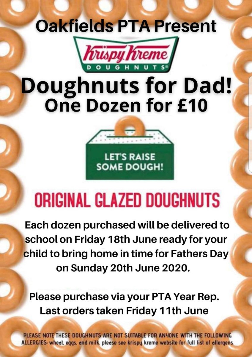 OakfieldsSlt's tweet photo. The final day to place orders for the PTA's Doughnuts for Dad event for Fathers Day is tomorrow, Friday 11th June, before midday.  Please ensure to place your orders before this time. #cognitaway #doughnutsfordad #FathersDay2021 #PTA https://t.co/IVVIdl3zSN
