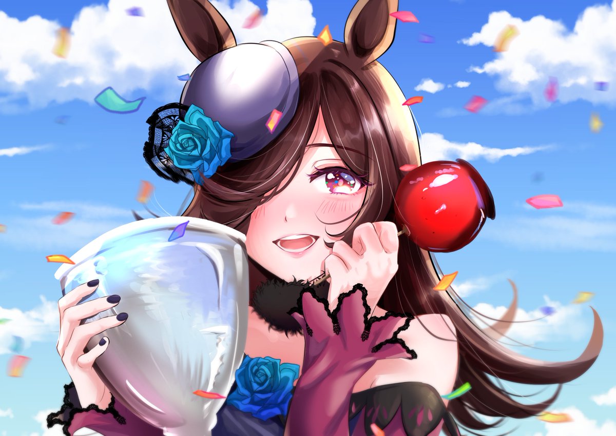ウマ娘 Skebリクエストで宝塚記念のトロフィーとりんご飴を持って笑顔のライスシャワーち ドンキで呼び込み君を買うのイラスト