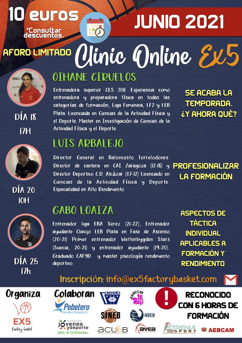 NUEVO CLINIC FORMATIVO 🏀💻
Con <a href="/olicoach/">Oihane Ciruelos ©</a>, @arbalejo y <a href="/gaboloaizaperez/">Gabo Loaiza</a>. Tres ponentes de excepción, con temáticas de gran interés y utilidad. Charlas en directo y con acceso a grabación.
📩 Info: forms.gle/BgGZc6QS63TKjS…