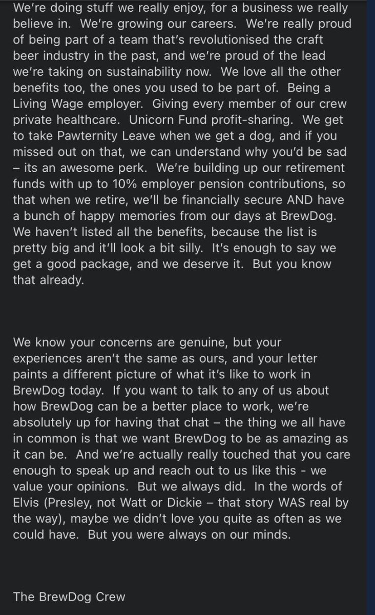 To add insult to injury <a href="/BrewDog/">BrewDog</a> CEO has now sent an email round all staff encouraging them to sign a counter letter dismissing the deeply-held fears of current and former staff. Deplorable stuff from @BrewDogJames 

Please do not sign this letter.