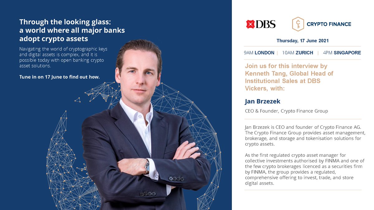 CryptoFinanceAG's tweet photo. We are excited to invite you to this educational webinar on June 17, hosted by @dbsbank. Kenneth Tang interviews our CEO and founder, Jan Brzezek, to dissect a world where all major banks adopt #CryptoAssets. 
Join us by signing up here: 
https://t.co/5ECbeT3Esq

#DBSVickers https://t.co/mhJHgn9zQY