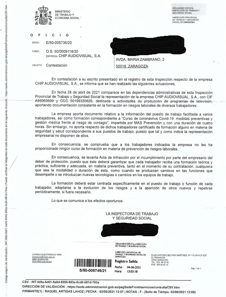 La inspección de trabajo levanta acta de infracción a CHIP Audiovisual, empresa de <a href="/henneomedia/">henneo</a>, por incumplir la Ley de Prevención de Riesgos Laborales. Es la segunda vez por el mismo motivo. ¿Seguirá <a href="/CARTV_/">CARTV</a>  mirando para otro lado?