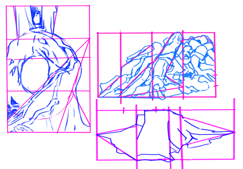 my very rough sketches of the tree trunks. I basically eyeball grids from the references and pray that I get them right!

and even if some isn't 100% following the ref idc 