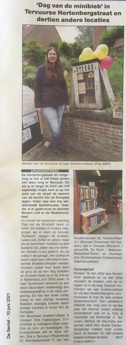NoreenVdS's tweet photo. kreeg een zeer mooi artikel cadeau van de enthousiaste journalist van #DeSerrist die tijdens de #DagvandeMinibieb langs kwam #Tervuren #Boekenruilkast #boeken #indepers https://t.co/D9uB35en7U