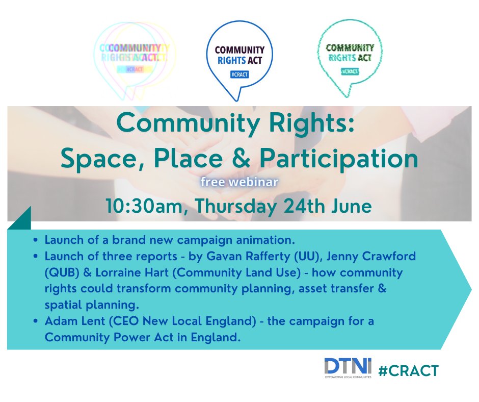 The Community Empowerment Act (Scotland) 2015 introduces participation requests to help communities contribute to decision-making or participate in service delivery.
Needed in NI?
Let's talk about it at our FREE #CRACT webinar.

Register➡️bit.ly/3z42KlT
