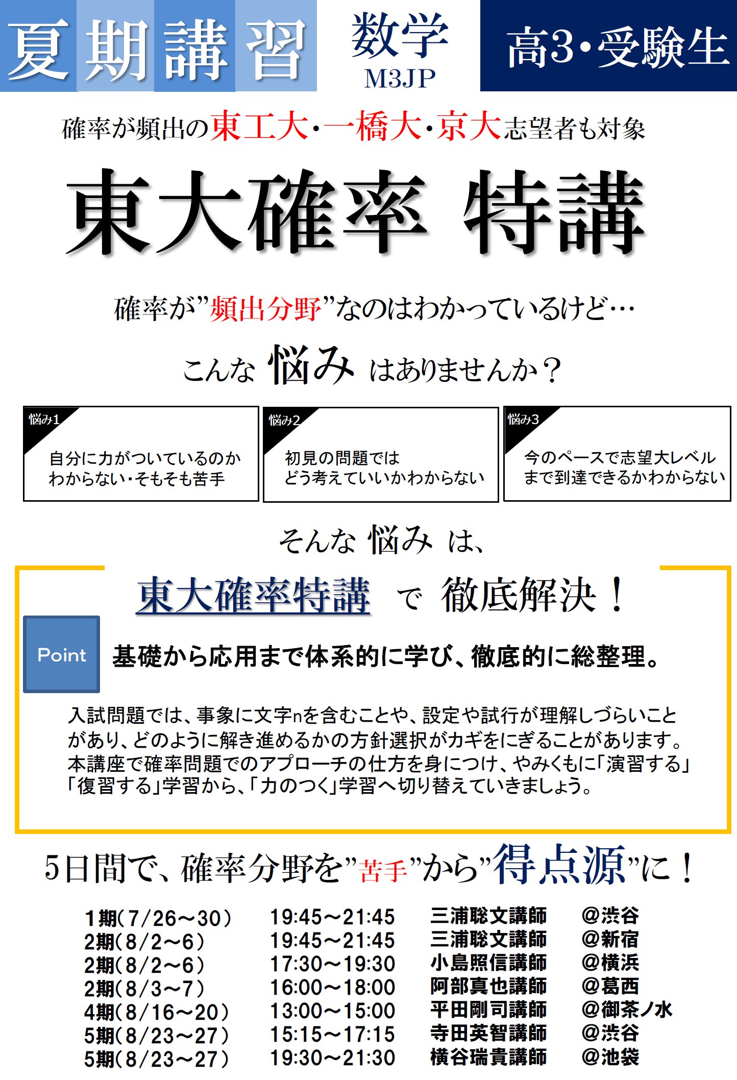 Z会東大進学教室 夏期講習特別講座紹介 第１弾 昨年の受講生の声 色々な別解を示してくれるので 視野が広がりました 難しい確率の問題について どのように考え始めればよいか どのような解き方があるのか知ることが出来て良かったです