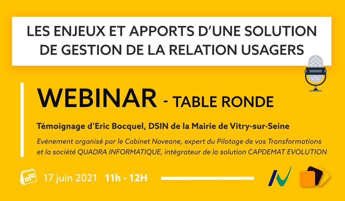 [#WEBINAR] - C'est dans 1 semaine ! 📅
Participez à notre table ronde sur les enjeux et apports d'une solution #GRU en collaboration avec <a href="/mairievitry/">Vitry-sur-Seine</a> et <a href="/noveane/">Noveane</a> 🎙️

Rendez-vous le 17 juin à 11h !
🗓️ Réservations sur bit.ly/3foiQi5