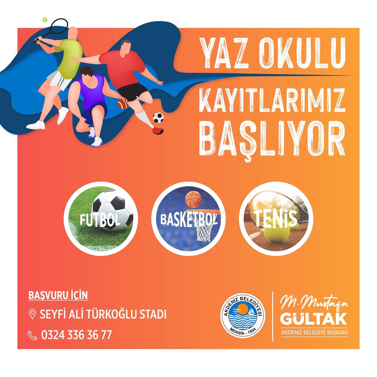 Belediyemiz Kültür ve Sosyal İşler Müdürlüğü bünyesinde, antrenörlerimiz eşliğinde futbol, basketbol, tenis sporlarının eğitimi için 2008-2014 yaş grubu yaz okullarımızın kayıtlarına başlıyoruz⚽🏀🎾 
 
🏟️Başvuru; Seyfi Ali Türkoğlu Stadı.
📞Detaylı bilgi için; 0324 336 36 77