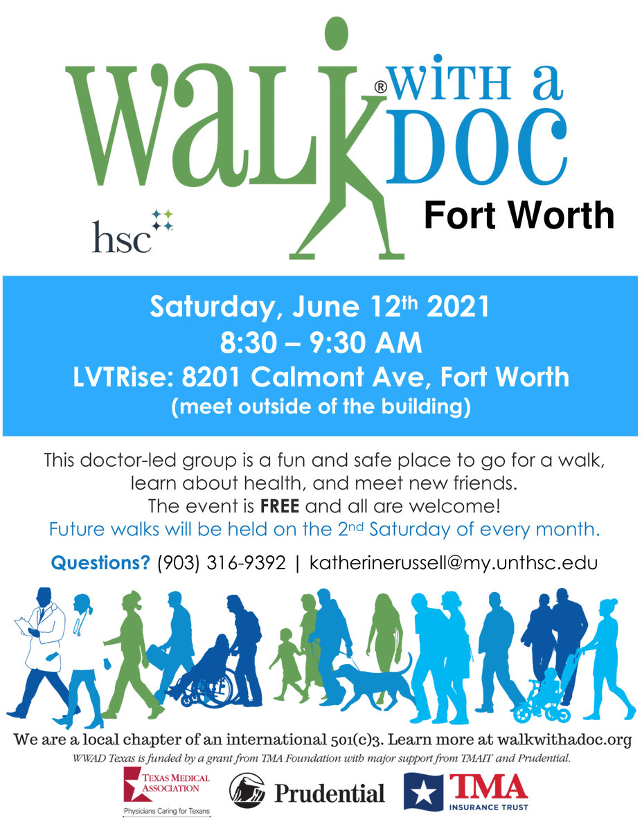 Saturday is shaping up to be a glorious late spring morning &amp; a perfect opportunity for brisk walk, joined by your neighborhood friends from #TCOM . We invite all <a href="/CityofFortWorth/">City of Fort Worth</a>  residents to join <a href="/CrompyDO/">Maria Crompton, DO, DipABLM, FAAFP</a>  &amp; TCOM second-year student Kate Russell to <a href="/walkwithadoc/">Walk with a Doc</a> at 8:30 a.m.