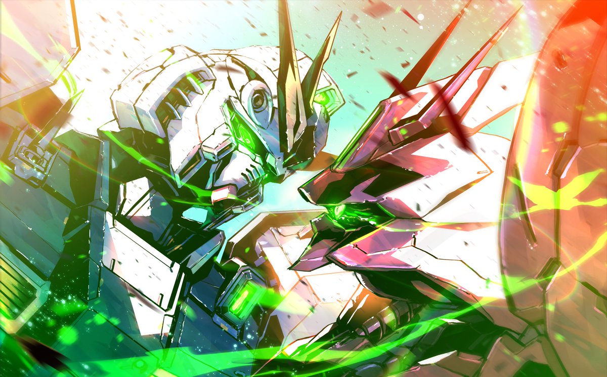 mecha robot no humans v-fin green eyes mobile suit glowing  illustration images