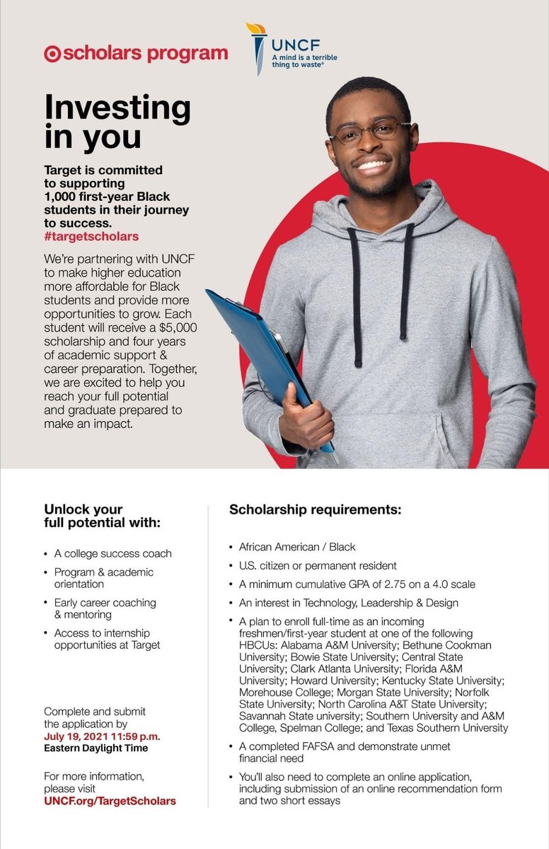 Apply today for the <a href="/Target/">Target</a> Scholars Program. This program will provide students with four years of academic support as well as mentoring, internship opportunities, networking and more throughout their college career. 
🚨Apply by 6/16/2021🚨