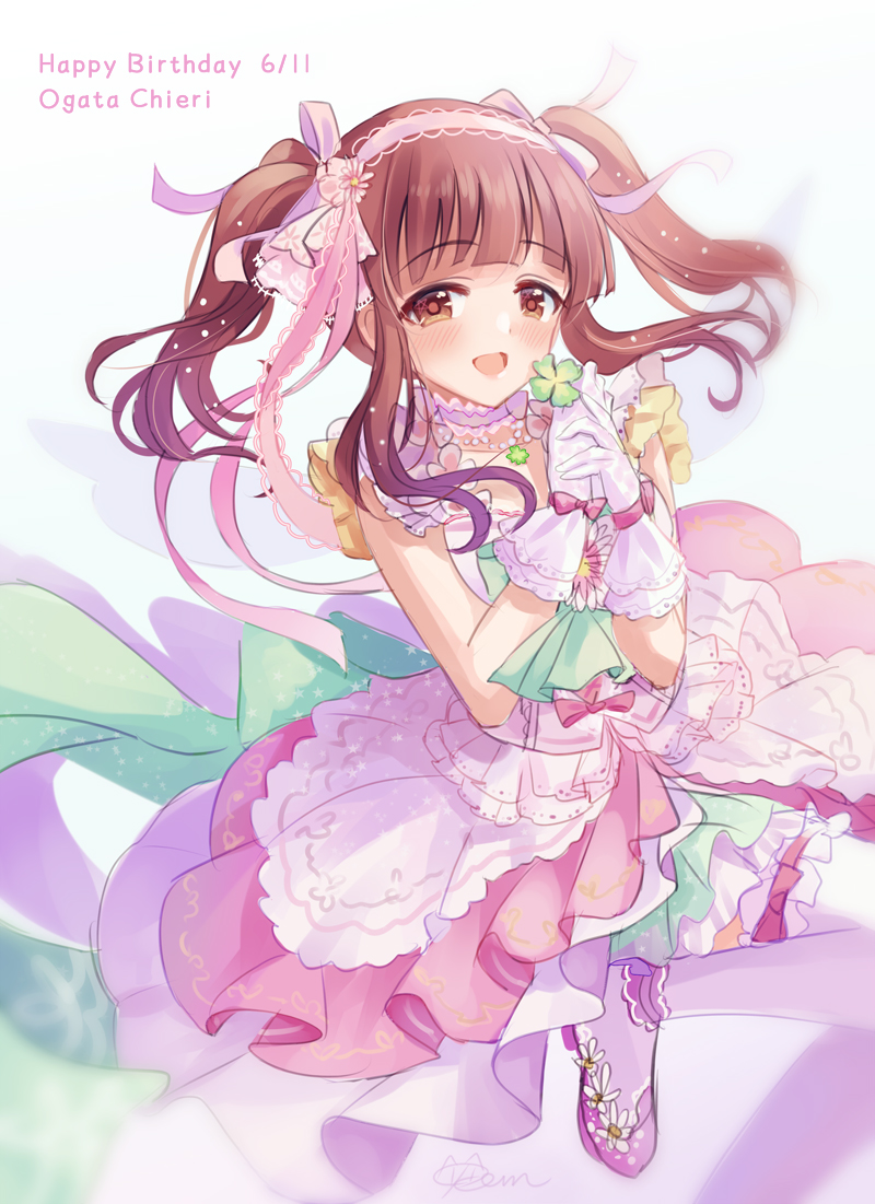 ogata chieri 1girl solo twintails dress clover brown hair smile  illustration images