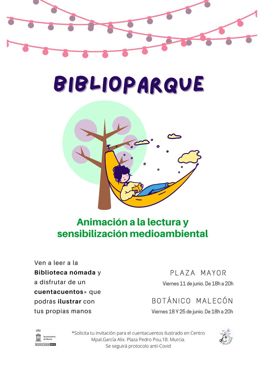 🌳📚 BIBLIOPARQUE 

Desde <a href="/MurciaOeste/">Distrito Centro - Oeste (Murcia)</a> hemos organizado un calendario de actividades gratuitas para niños durante todo el mes de junio

👋😃Disfruta de la primera actividad: Animación a la lectura y sensibilización medioambiental

Viernes 11, de 18 a 20 horas en la Plaza Mayor