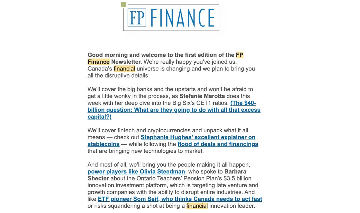 StefanieMarotta's tweet photo. It’s here! The @FinancialPost Finance newsletter launched today, with @BatPost, @StephHughes95 and I covering banks, fintech, deals, crypto, wealth, and all the ideas and people shaking up the finance universe. 

Want all the latest? Subscribe:
https://t.co/ZDnBQrcQt7 https://t.co/RkdcYVMoMm