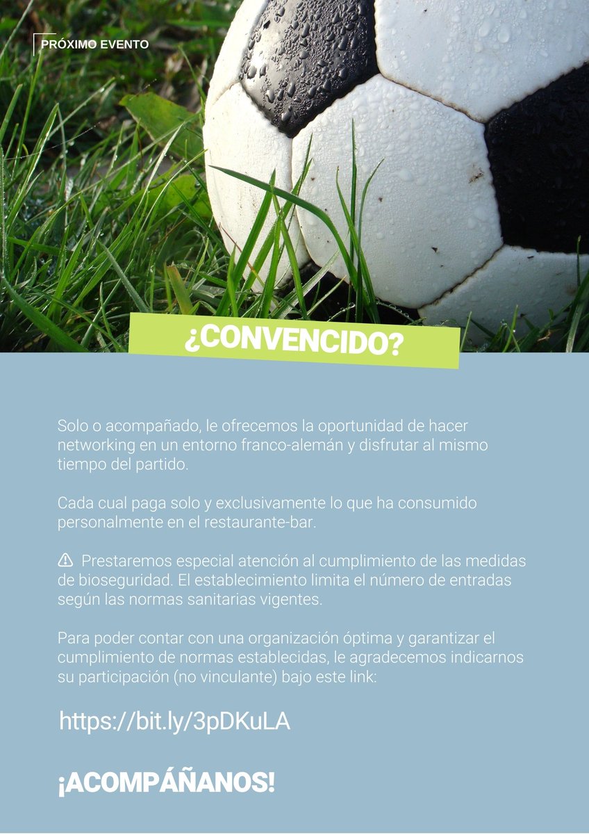 ⚽️FÚTBOL: THE NETWORKING CHANCE⚽️

La <a href="/AhkPanama/">AHK Panama</a> les invita a ver el partido de #Eurocopa2021 🇫🇷 vs. 🇩🇪, organizado con la <a href="/ccfrancepanama/">Cámara de Comercio Franco-Panameña</a>. Puede confirmar su posible asistencia bajo este link: bit.ly/3pDKuLA

🗓15 de junio
⏰1:30 p.m. (UTC-5:00)
📍Lugar: Hotel Bristol