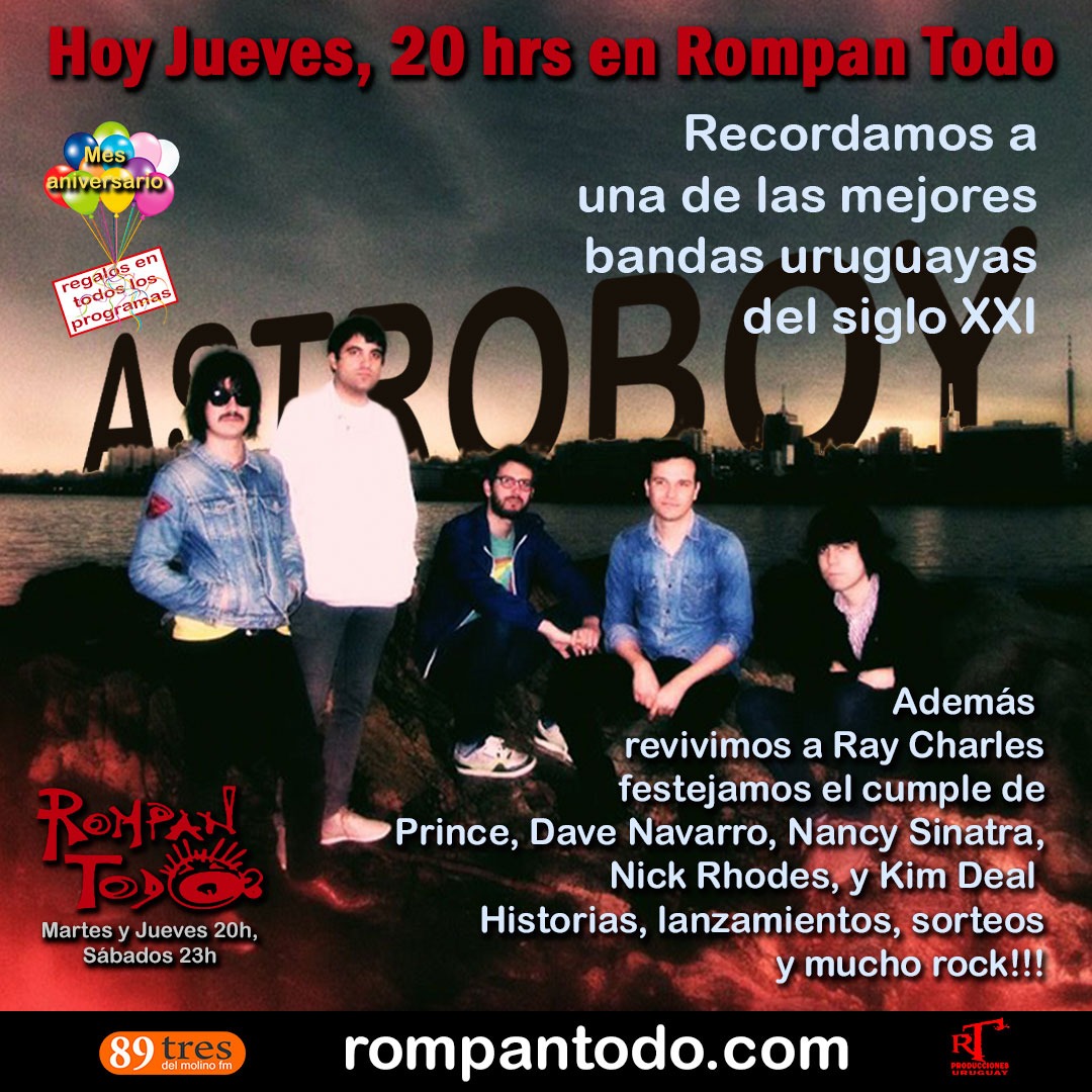 Hoy jueves a las 20.... programún en ROMPAN TODO rompantodo.com 
<a href="/delmolino893/">Del Molino 89.3 FM</a> <a href="/RTUruguayo/">RT Producciones</a> <a href="/FTerioro/">Franco D. Terioro</a> <a href="/TertuliaRock/">La Tertulia del Rock</a>